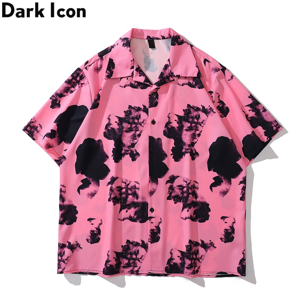다크 아이콘 핑크 하와이안 셔츠 남성 여름 쿠바 칼라 빈티지 남성 블라우스, 남성 의류